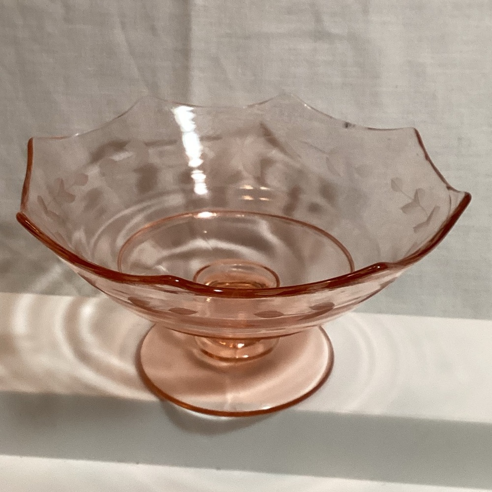 Depression Glass Elegant Pink Etched Glass Pedestal Bowl Candy Dish Easter Decor
